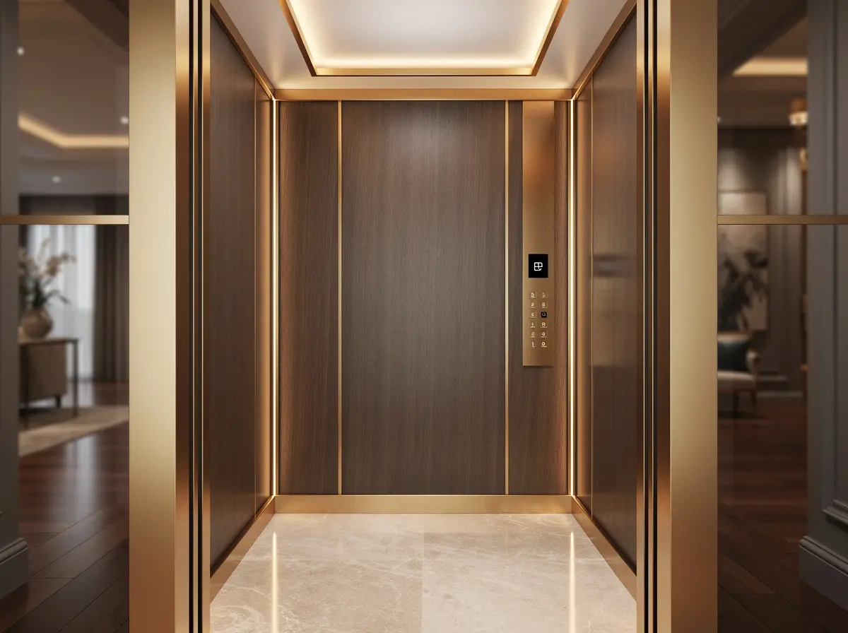 Premium customized elevator cabin with warm brass and dark wood finishes