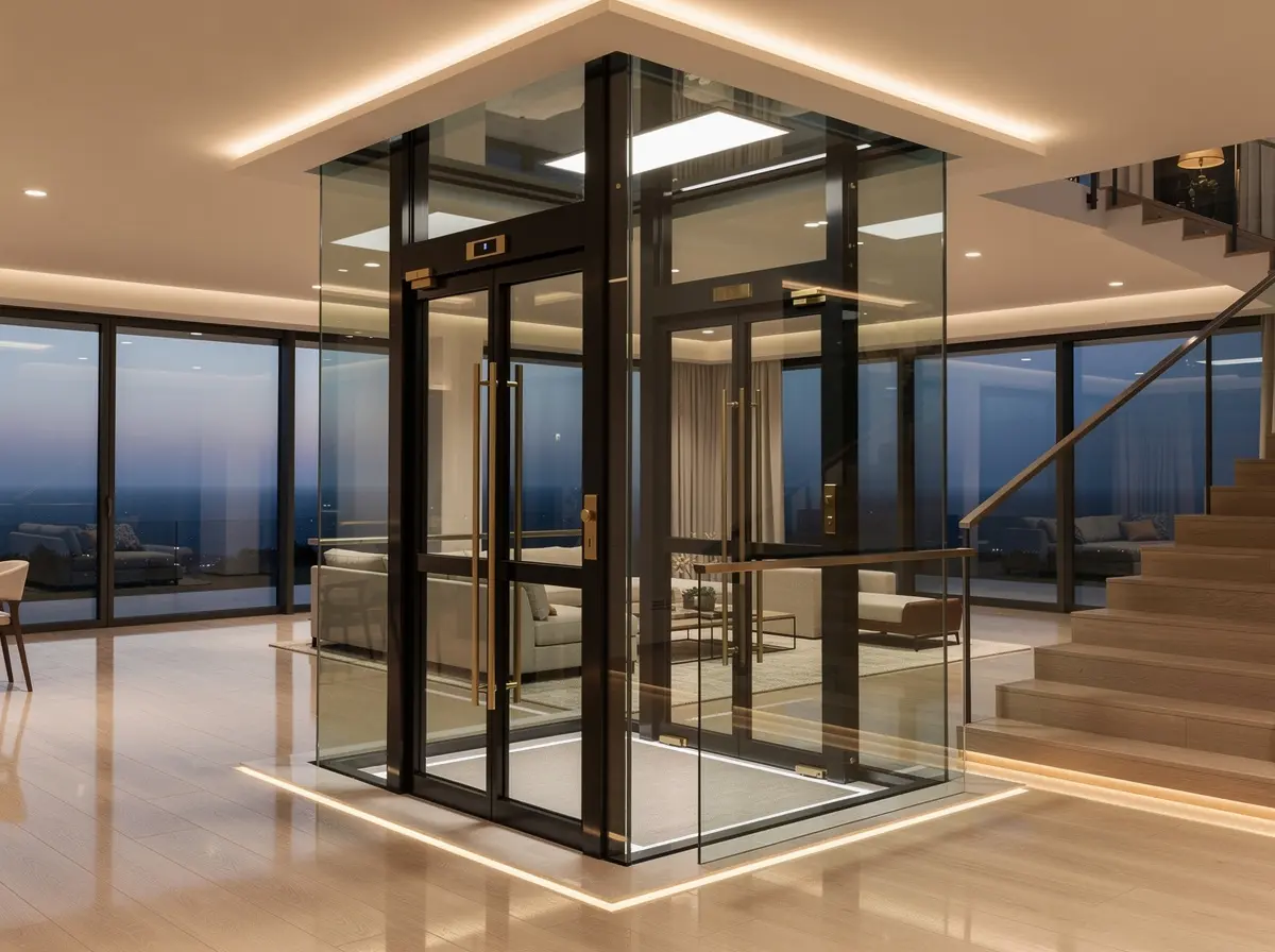 Glass home elevator integrated into a contemporary residential interior