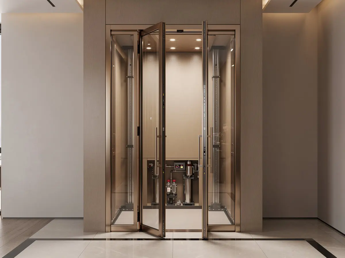 Residential hydraulic lift with visible drive equipment and a glass cabin