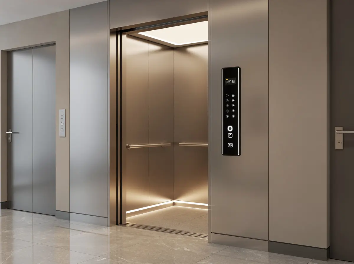Modernized elevator entrance and control panel in a contemporary building