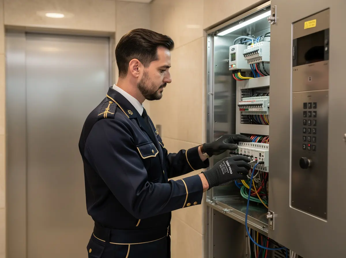 Technician reviewing elevator control equipment during planned maintenance