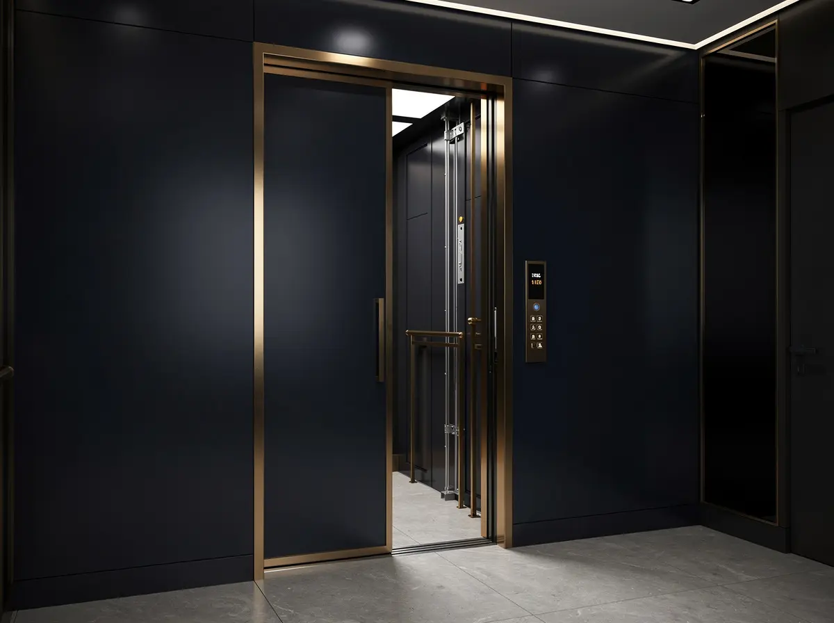 Modern machine-room-less lift entrance in a dark architectural interior