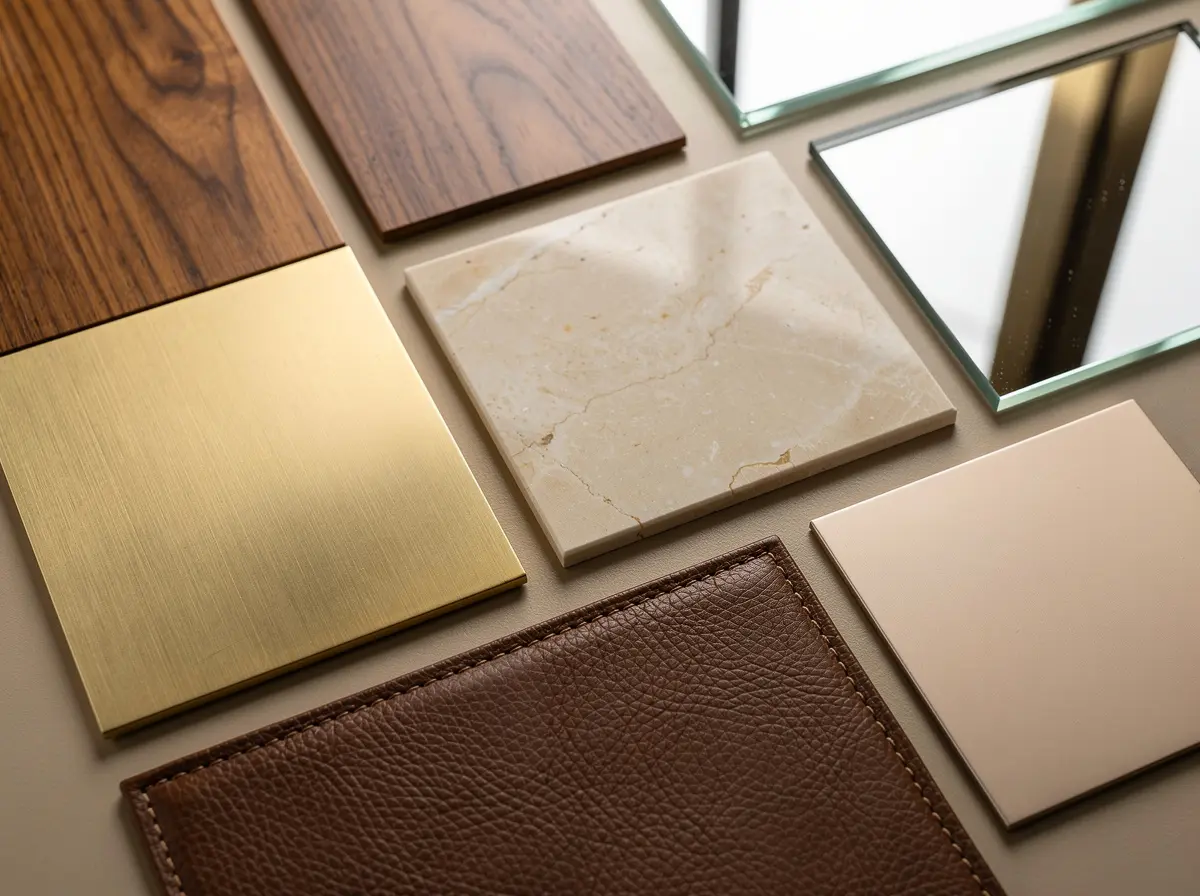 Material samples including brass, wood, stone, glass, leather and matte metal